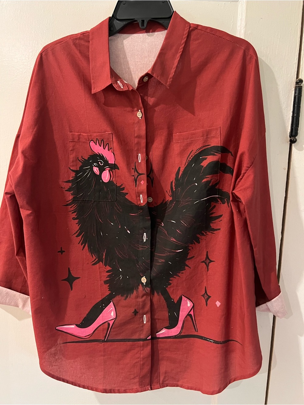 Women's Red Button-Down Shirt with Rooster Graphic